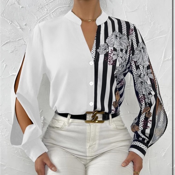 Elegant Striped Floral Print Long Sleeve Button Down Shirt Top Blouse White - Picture 1 of 16